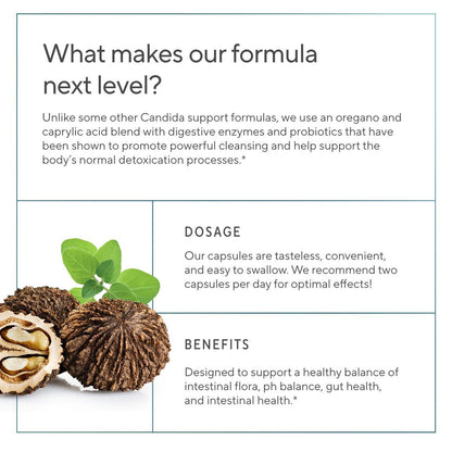 Premium Candida Cleanse Supplement – Candida Support mit Oregano, Caprylsäure, Schwarznuss & Probiotika – Unterstützt Darmgesundheit, Verdauung & Darmflora - 60 Kapseln