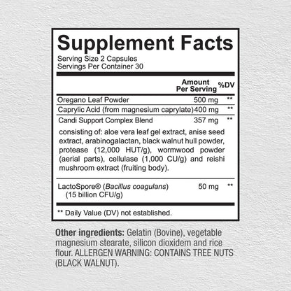Premium Candida Cleanse Supplement – Candida Support mit Oregano, Caprylsäure, Schwarznuss & Probiotika – Unterstützt Darmgesundheit, Verdauung & Darmflora - 60 Kapseln