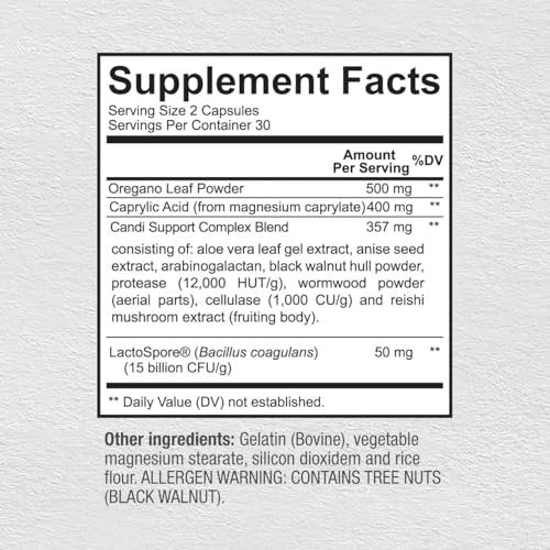 Premium Candida Cleanse Supplement – Candida Support mit Oregano, Caprylsäure, Schwarznuss & Probiotika – Unterstützt Darmgesundheit, Verdauung & Darmflora - 60 Kapseln