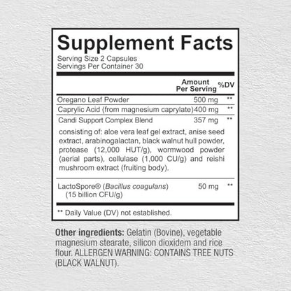 Premium Candida Cleanse Supplement – Candida Support mit Oregano, Caprylsäure, Schwarznuss & Probiotika – Unterstützt Darmgesundheit, Verdauung & Darmflora - 60 Kapseln
