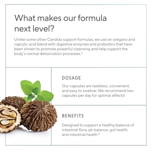 Premium Candida Cleanse Supplement – Candida Support mit Oregano, Caprylsäure, Schwarznuss & Probiotika – Unterstützt Darmgesundheit, Verdauung & Darmflora - 60 Kapseln