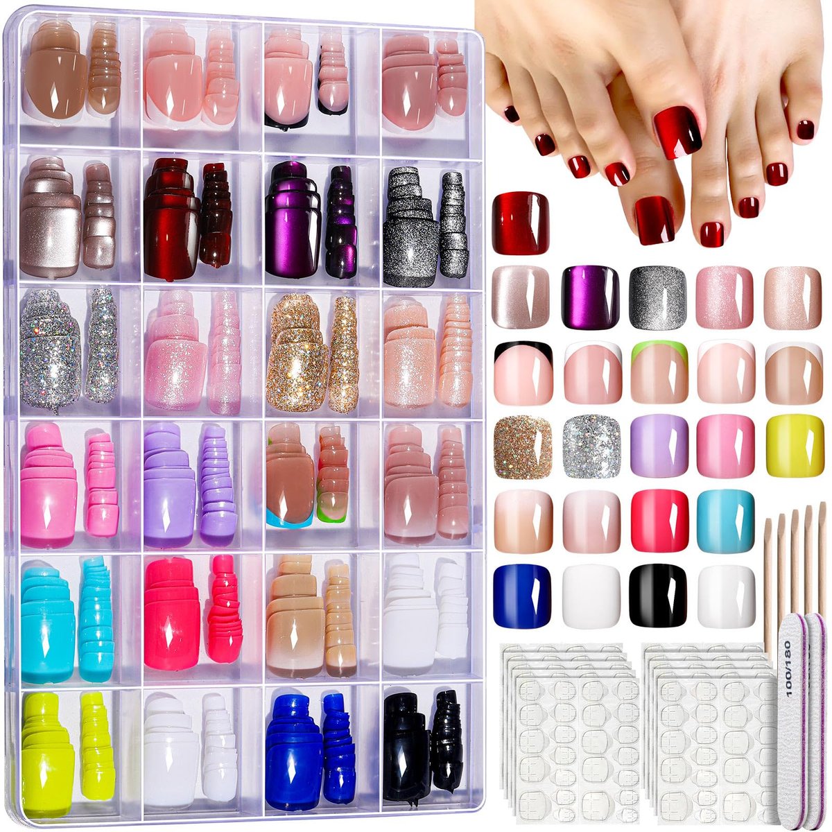 FANDAMEI Press On Toenägel – 24 Farben Kurze Quadratische French Tips Katzenaugen Zehennägel für Frauen & Mädchen, Rote Fake Zehennägel, Ombre Glänzender Visueller Effekt