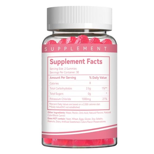 Kalium Gummies, Kaliumchlorid 1000 mg für Erwachsene, Kaubares Kaliumpräparat für Frauen & Männer, Unterstützt Beinkrämpfe & Muskelgesundheit – Zuckerfrei, Vegan, 60 Stück