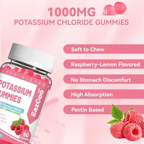 Kalium Gummies, Kaliumchlorid 1000 mg für Erwachsene, Kaubares Kaliumpräparat für Frauen & Männer, Unterstützt Beinkrämpfe & Muskelgesundheit – Zuckerfrei, Vegan, 60 Stück