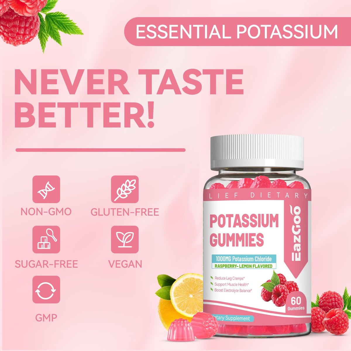 Kalium Gummies, Kaliumchlorid 1000 mg für Erwachsene, Kaubares Kaliumpräparat für Frauen & Männer, Unterstützt Beinkrämpfe & Muskelgesundheit – Zuckerfrei, Vegan, 60 Stück