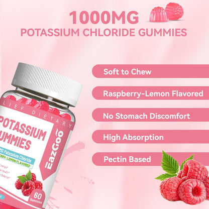 Kalium Gummies, Kaliumchlorid 1000 mg für Erwachsene, Kaubares Kaliumpräparat für Frauen & Männer, Unterstützt Beinkrämpfe & Muskelgesundheit – Zuckerfrei, Vegan, 60 Stück