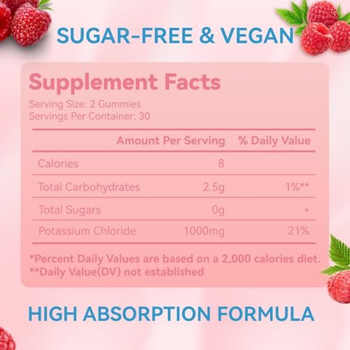 Kalium Gummies, Kaliumchlorid 1000 mg für Erwachsene, Kaubares Kaliumpräparat für Frauen & Männer, Unterstützt Beinkrämpfe & Muskelgesundheit – Zuckerfrei, Vegan, 60 Stück