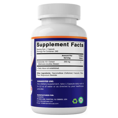 Vitamatic Kamille 250 mg Kapseln – Konzentriertes pflanzliches Nahrungsergänzungsmittel – Vegetarisch, Nicht-GVO, Glutenfrei – 240 Stück