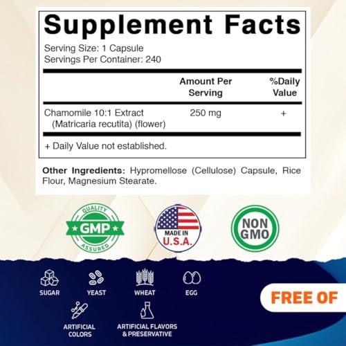 Vitamatic Kamille 250 mg Kapseln – Konzentriertes pflanzliches Nahrungsergänzungsmittel – Vegetarisch, Nicht-GVO, Glutenfrei – 240 Stück