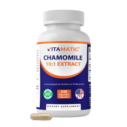Vitamatic Kamille 250 mg Kapseln – Konzentriertes pflanzliches Nahrungsergänzungsmittel – Vegetarisch, Nicht-GVO, Glutenfrei – 240 Stück