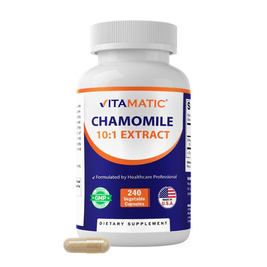 Vitamatic Kamille 250 mg Kapseln – Konzentriertes pflanzliches Nahrungsergänzungsmittel – Vegetarisch, Nicht-GVO, Glutenfrei – 240 Stück