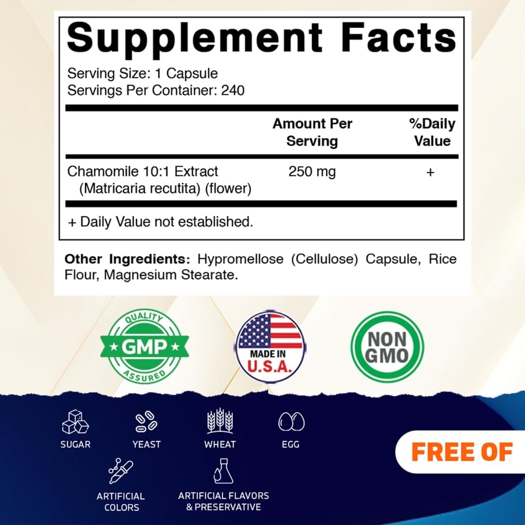 Vitamatic Kamille 250 mg Kapseln – Konzentriertes pflanzliches Nahrungsergänzungsmittel – Vegetarisch, Nicht-GVO, Glutenfrei – 240 Stück