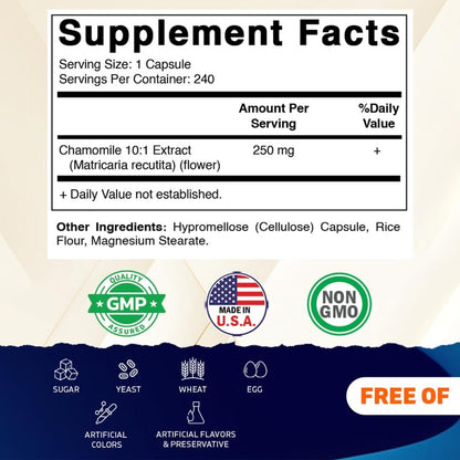 Vitamatic Kamille 250 mg Kapseln – Konzentriertes pflanzliches Nahrungsergänzungsmittel – Vegetarisch, Nicht-GVO, Glutenfrei – 240 Stück