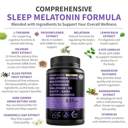 12-in-1 Melatonin Schlaf Extra Stark Kapseln - 10 mg Melatonin mit Magnesium, Ashwagandha, GABA, Kamillenextrakt, L-Theanin & Baldrianwurzel 10:1 Extrakt, 90 Stück