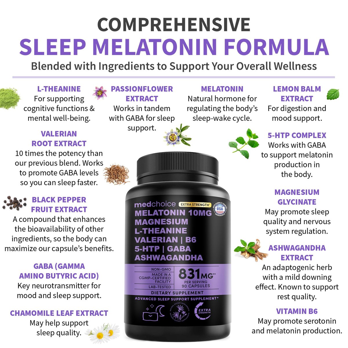 12-in-1 Melatonin Schlaf Extra Stark Kapseln - 10 mg Melatonin mit Magnesium, Ashwagandha, GABA, Kamillenextrakt, L-Theanin & Baldrianwurzel 10:1 Extrakt, 90 Stück