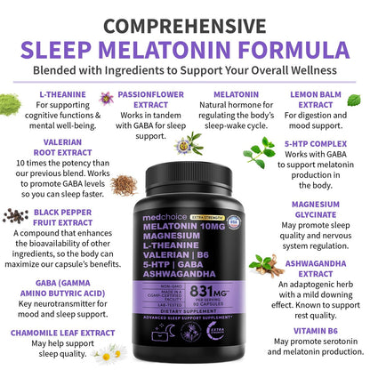 12-in-1 Melatonin Schlaf Extra Stark Kapseln - 10 mg Melatonin mit Magnesium, Ashwagandha, GABA, Kamillenextrakt, L-Theanin & Baldrianwurzel 10:1 Extrakt, 90 Stück