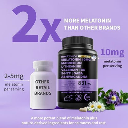 12-in-1 Melatonin Schlaf Extra Stark Kapseln - 10 mg Melatonin mit Magnesium, Ashwagandha, GABA, Kamillenextrakt, L-Theanin & Baldrianwurzel 10:1 Extrakt, 90 Stück