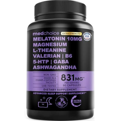 12-in-1 Melatonin Schlaf Extra Stark Kapseln - 10 mg Melatonin mit Magnesium, Ashwagandha, GABA, Kamillenextrakt, L-Theanin & Baldrianwurzel 10:1 Extrakt, 90 Stück