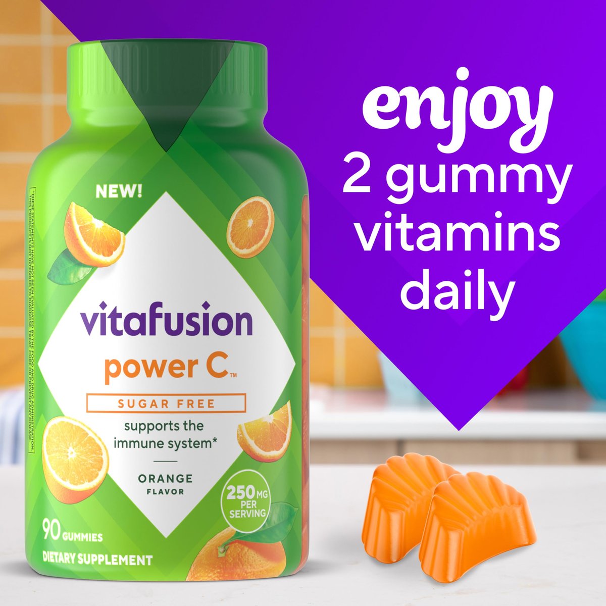 Vitafusion Zuckerfreie Power C Vitamin C Gummis – Tägliche Erwachsenen-Vitamine für Immunsystem-Unterstützung, Orangen-Geschmack, 90 Stück