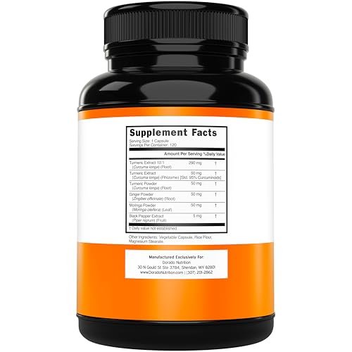 Turmeric Curcumin Komplex mit Schwarzem Pfeffer, Ingwer, Moringa – 95% Curcuminoide, Laborgeprüft, Non-GMO, Glutenfrei – Hergestellt in den USA – 120 Kapseln