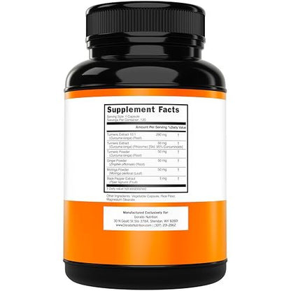 Turmeric Curcumin Komplex mit Schwarzem Pfeffer, Ingwer, Moringa – 95% Curcuminoide, Laborgeprüft, Non-GMO, Glutenfrei – Hergestellt in den USA – 120 Kapseln
