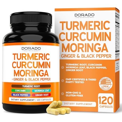 Turmeric Curcumin Komplex mit Schwarzem Pfeffer, Ingwer, Moringa – 95% Curcuminoide, Laborgeprüft, Non-GMO, Glutenfrei – Hergestellt in den USA – 120 Kapseln