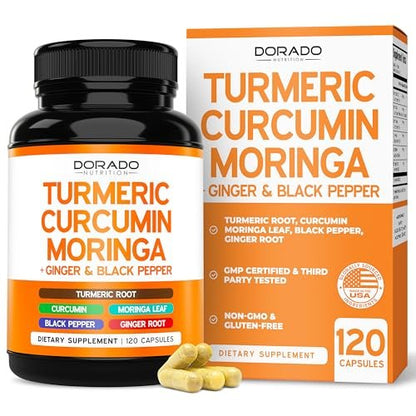 Turmeric Curcumin Komplex mit Schwarzem Pfeffer, Ingwer, Moringa – 95% Curcuminoide, Laborgeprüft, Non-GMO, Glutenfrei – Hergestellt in den USA – 120 Kapseln