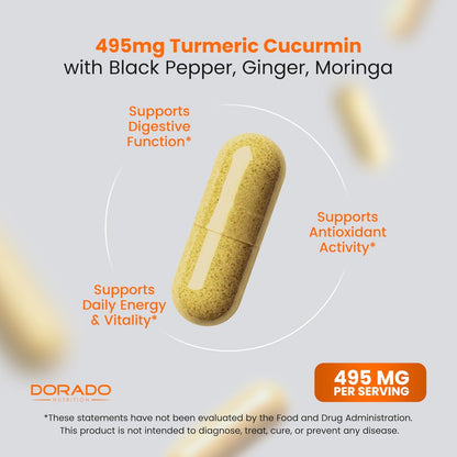 Turmeric Curcumin Komplex mit Schwarzem Pfeffer, Ingwer, Moringa – 95% Curcuminoide, Laborgeprüft, Non-GMO, Glutenfrei – Hergestellt in den USA – 120 Kapseln