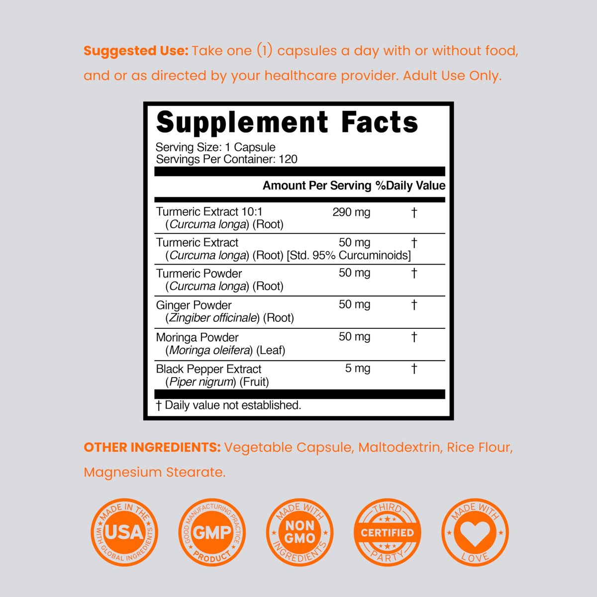 Turmeric Curcumin Komplex mit Schwarzem Pfeffer, Ingwer, Moringa – 95% Curcuminoide, Laborgeprüft, Non-GMO, Glutenfrei – Hergestellt in den USA – 120 Kapseln