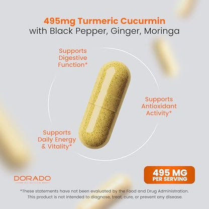 Turmeric Curcumin Komplex mit Schwarzem Pfeffer, Ingwer, Moringa – 95% Curcuminoide, Laborgeprüft, Non-GMO, Glutenfrei – Hergestellt in den USA – 120 Kapseln