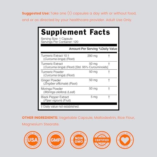 Turmeric Curcumin Komplex mit Schwarzem Pfeffer, Ingwer, Moringa – 95% Curcuminoide, Laborgeprüft, Non-GMO, Glutenfrei – Hergestellt in den USA – 120 Kapseln