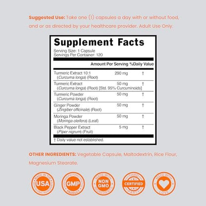 Turmeric Curcumin Komplex mit Schwarzem Pfeffer, Ingwer, Moringa – 95% Curcuminoide, Laborgeprüft, Non-GMO, Glutenfrei – Hergestellt in den USA – 120 Kapseln