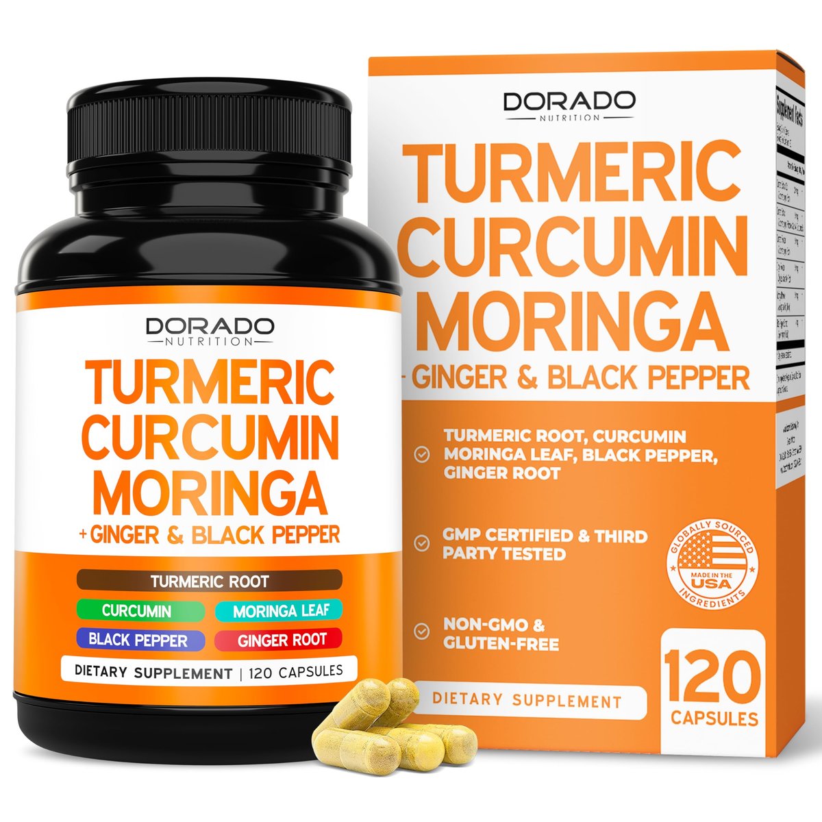 Turmeric Curcumin Komplex mit Schwarzem Pfeffer, Ingwer, Moringa – 95% Curcuminoide, Laborgeprüft, Non-GMO, Glutenfrei – Hergestellt in den USA – 120 Kapseln
