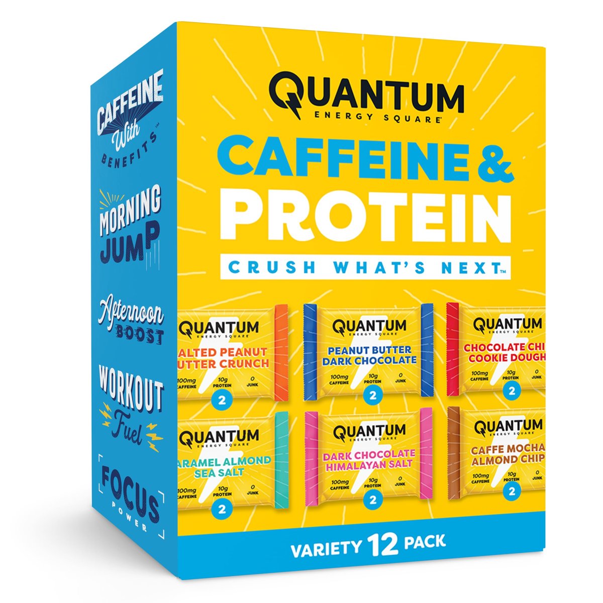 Quantum Energy Squares Energieriegel mit Koffein & 10g Protein – Vegan, glutenfrei, sojafrei, milchfrei – 12er-Pack