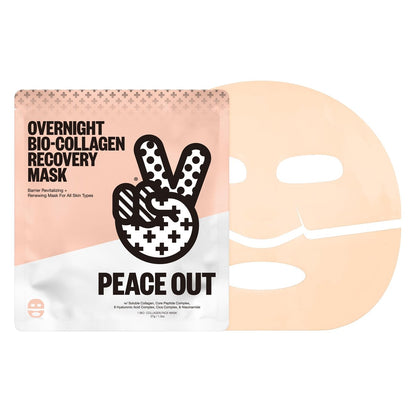 PEACE OUT Overnight Bio-Collagen Recovery Mask – Vegane Kollagenmaske mit Hyaluronsäure und Core-Peptid-Komplex für hautrevitalisierende Feuchtigkeitspflege (1 Stück)