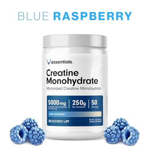 Bucked Up Blue Raspberry Creatin für Männer und Frauen – Leicht zu mischen, vegetarisch, aromatisiertes Creatin-Monohydrat-Pulver – Hergestellt in den USA – 5 g pro Portion – 50 Portionen – 250 Gramm pro Behälter