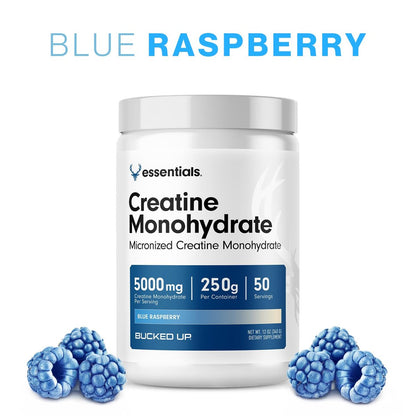 Bucked Up Blue Raspberry Creatin für Männer und Frauen – Leicht zu mischen, vegetarisch, aromatisiertes Creatin-Monohydrat-Pulver – Hergestellt in den USA – 5 g pro Portion – 50 Portionen – 250 Gramm pro Behälter