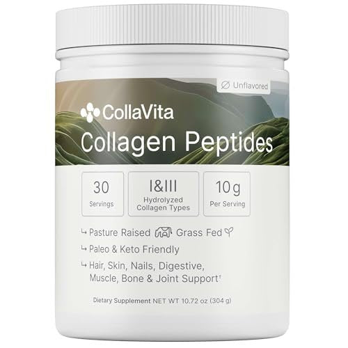 Colla Vita Kollagenpeptide Pulver – Weidehaltung, hydrolysiertes Kollagen Typ I & III für Haare, Nägel, Haut und Gelenke, geschmacksneutral, 30 Portionen (283 g)