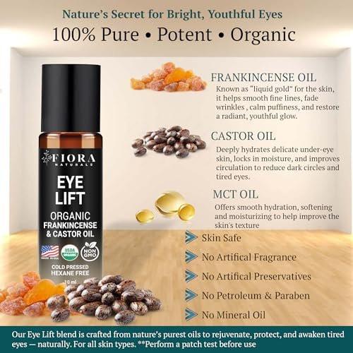 Bio Rizinusöl und Weihrauch Roll-On – 100% reines, hexanfreies Augenöl für die Augenpartie, reduziert Falten, dunkle Augenringe & Schwellungen, Weihrauch ätherisches Öl für das Gesicht – Fiora Naturals