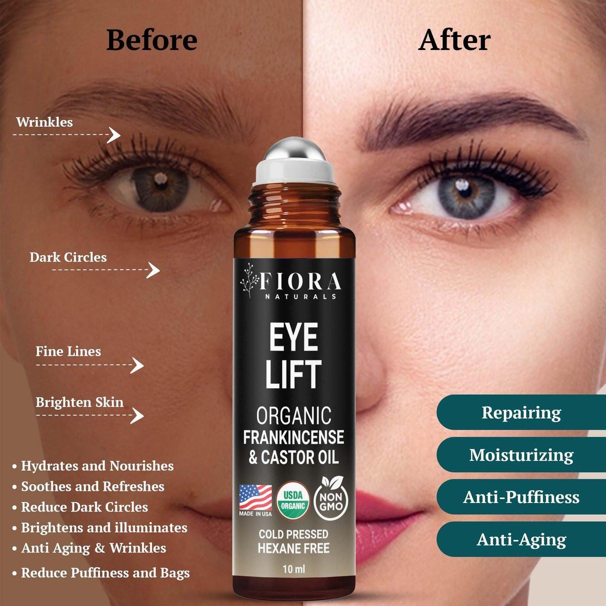 Bio Rizinusöl und Weihrauch Roll-On – 100% reines, hexanfreies Augenöl für die Augenpartie, reduziert Falten, dunkle Augenringe & Schwellungen, Weihrauch ätherisches Öl für das Gesicht – Fiora Naturals