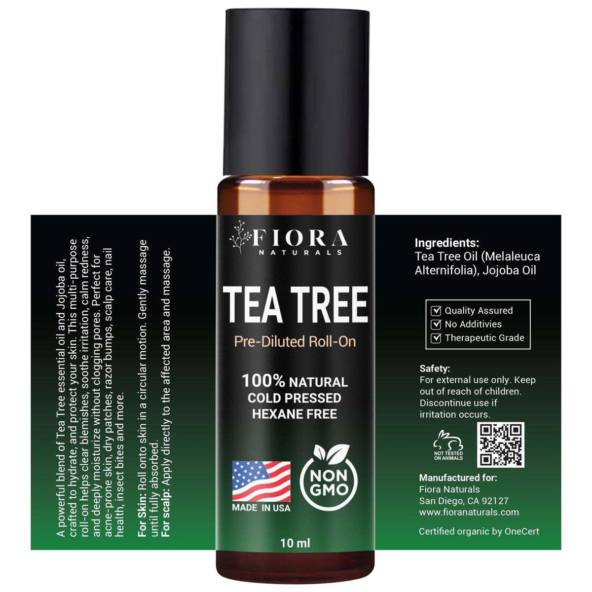 Fiora Naturals Teebaumöl Roll-On – 100% natürliches ätherisches Teebaumöl für Haut, Gesicht, Akne, Nägel, Nagelhaut, Kopfhaut & Aromatherapie-Wohlbefinden