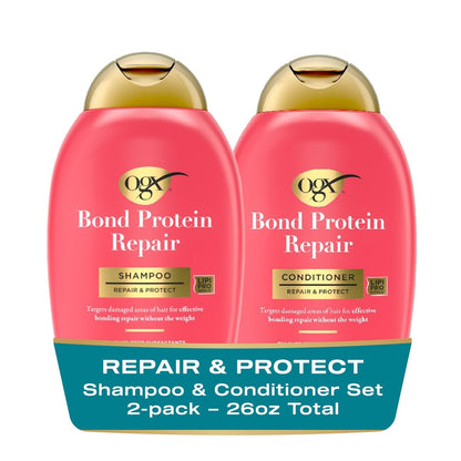 OGX Repair + Protect Bond Protein Repair Shampoo und Conditioner Set – Sulfatfreie Pflege für geschädigtes, coloriertes und trockenes Haar, 2 x 390 ml