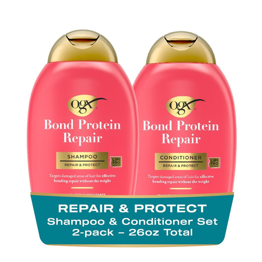 OGX Repair + Protect Bond Protein Repair Shampoo und Conditioner Set – Sulfatfreie Pflege für geschädigtes, coloriertes und trockenes Haar, 2 x 390 ml