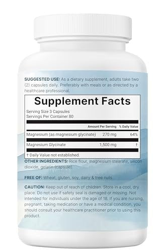 Triple Strength Magnesium Glycinat 1.500 mg pro Portion, 240 Kapseln | 500 mg pro Kapsel | Leicht absorbierbares cheliertes Magnesium + elementare Form | Unterstützt gesunde Muskeln, Knochen & Stimmung | Nicht-GMO