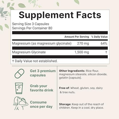 Triple Strength Magnesium Glycinat 1.500 mg pro Portion, 240 Kapseln | 500 mg pro Kapsel | Leicht absorbierbares cheliertes Magnesium + elementare Form | Unterstützt gesunde Muskeln, Knochen & Stimmung | Nicht-GMO