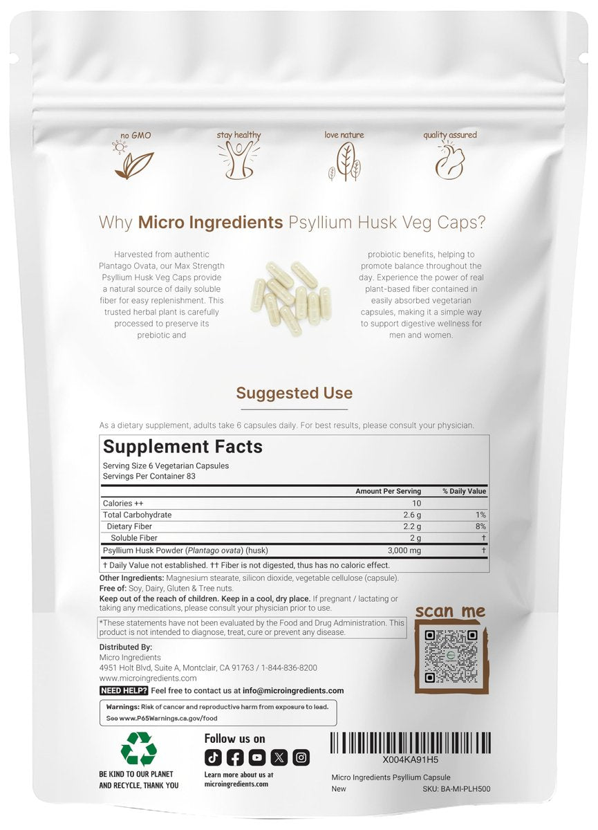 Micro Ingredients Psyllium Husk Kapseln 3000mg, 500 vegane Kapseln | Löslicher Ballaststoff für Frauen & Männer | Natürliche Präbiotika & Probiotika für Darm- und Verdauungsgesundheit | Non-GMO