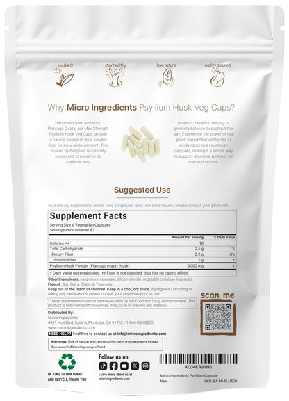 Micro Ingredients Psyllium Husk Kapseln 3000mg, 500 vegane Kapseln | Löslicher Ballaststoff für Frauen & Männer | Natürliche Präbiotika & Probiotika für Darm- und Verdauungsgesundheit | Non-GMO