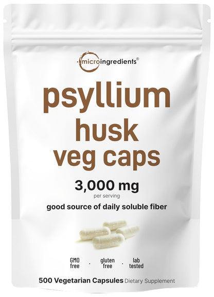 Micro Ingredients Psyllium Husk Kapseln 3000mg, 500 vegane Kapseln | Löslicher Ballaststoff für Frauen & Männer | Natürliche Präbiotika & Probiotika für Darm- und Verdauungsgesundheit | Non-GMO