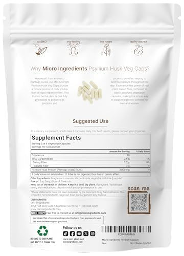 Micro Ingredients Psyllium Husk Kapseln 3000mg, 500 vegane Kapseln | Löslicher Ballaststoff für Frauen & Männer | Natürliche Präbiotika & Probiotika für Darm- und Verdauungsgesundheit | Non-GMO