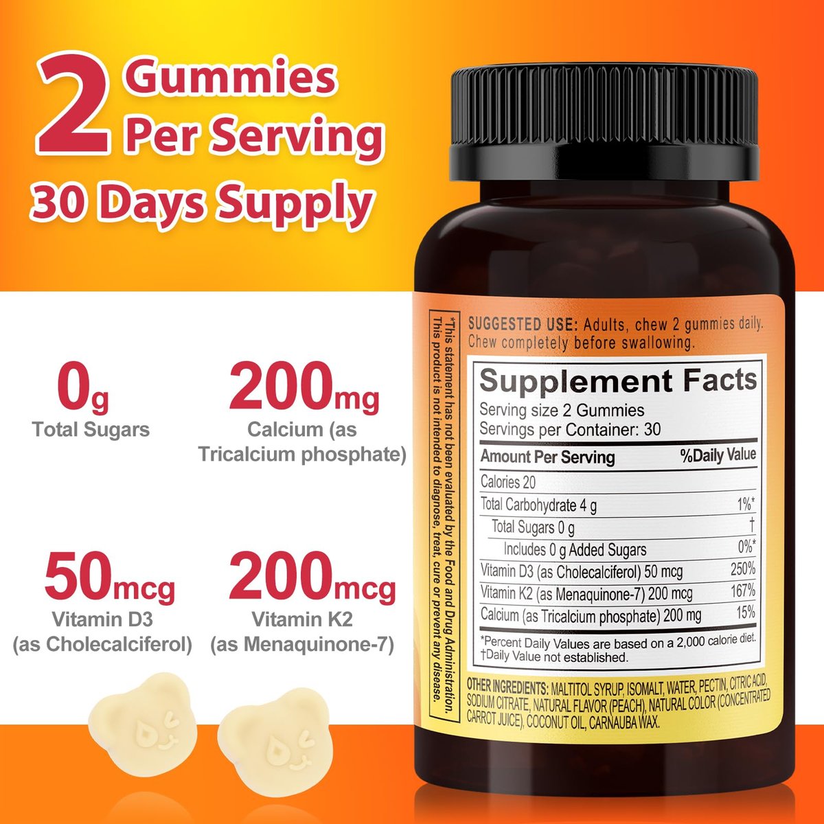 Biobor Vitamin D3 K2 Gummies mit Calcium, 2000 IE D3 & 200 µg K2 (MK-7) & 200 mg Calcium, ohne Zuckerzusatz, unterstützt gesunde Knochen & Immunsystem, glutenfrei, GMO-frei, gelber Pfirsich, 60 Stück